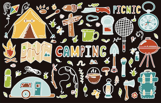 Big doodle vector camping set sketch hiking iconshand draw illustration for summer picnic in nature