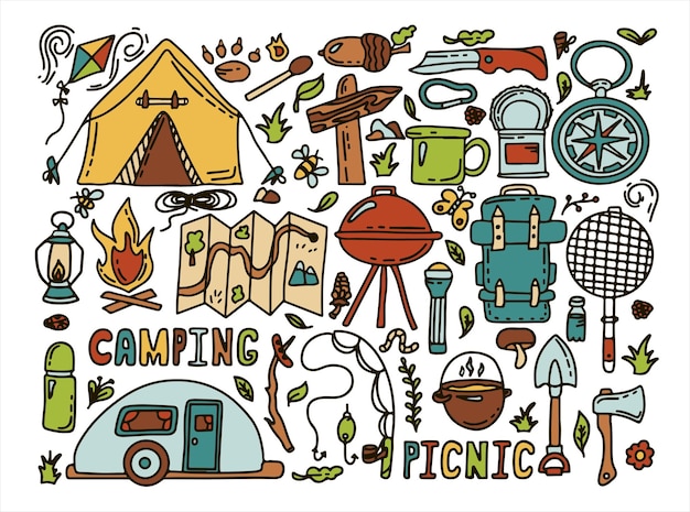 Big doodle vector camping set sketch hiking iconshand draw illustration for summer picnic in nature