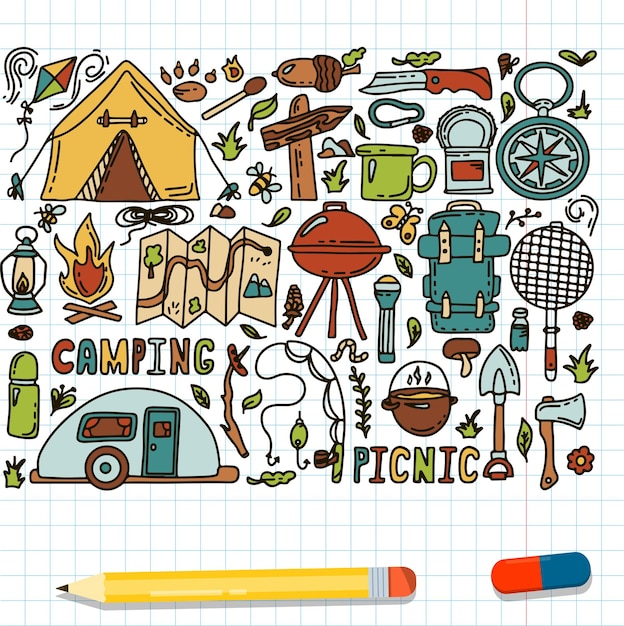 Big doodle vector camping set sketch hiking iconshand draw illustration for summer picnic in nature