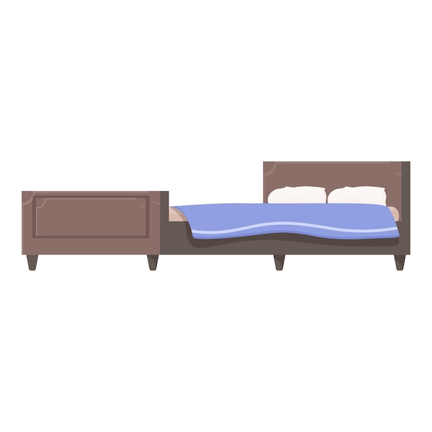 Vector big double bed with wooden frame and blue sheets is standing in empty room