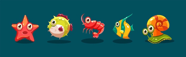 Big eyed sea animal and marine creature vector set