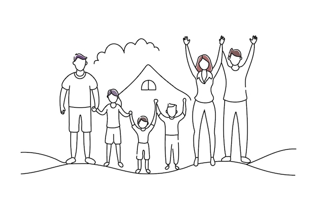 Vector big family and friends celebrating outside at home doodle continuous line art vector illustration