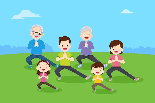 Big family jogging and exercising together in public park Happy Family For Good Health