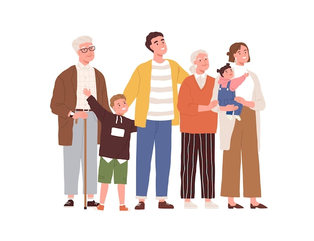 Big family looking up. Happy mother, father, children and grandparents standing together and watching for something. Excited kids with parents. Flat vector illustration isolated on white background