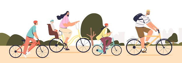 Big family riding bikes together. Young parents with kids cycling in park. Cute mother, father with three children in helmets on bicycles. Flat cartoon vector illustration