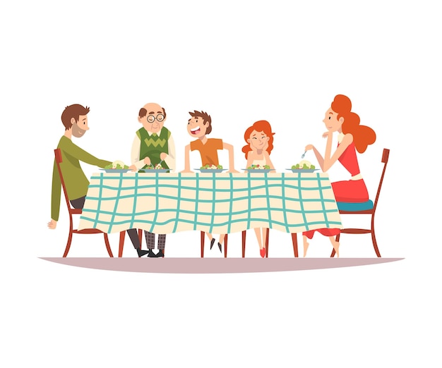 Vector big family sitting at kitchen table with checkered tablecloth eating food and talking to each other