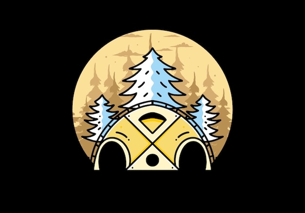 Big family tent and pine trees illustration badge design