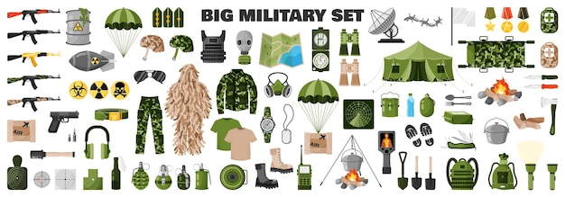 Big green military set with soldier uniform khaki camouflage army equipment weapons