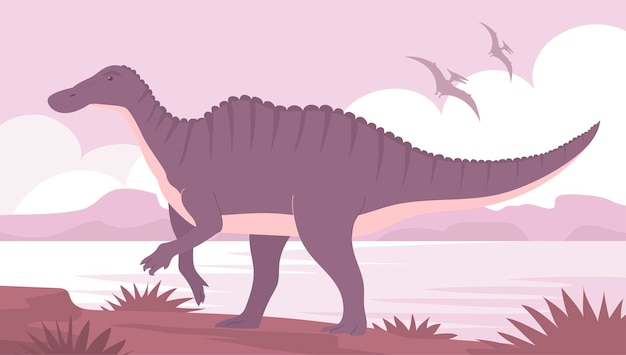 Big hadrosaurus on the background of a prehistoric landscape