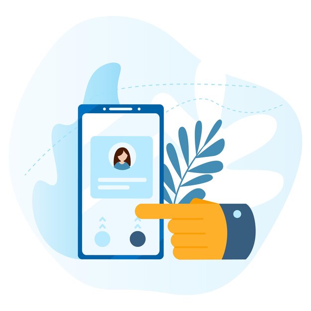 Big hand presses the button on the smartphone screen. Concept of the call, address book, note book. Contact us icon. Modern flat vector illustration concept, isolated on white background.