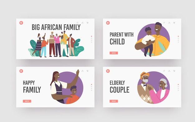 Big Happy African Family Landing Page Template Set. Father, Mother, Grandparents, Children Characters Hugging, Holding Hands. Loving Parents and Kids Bonding, Love. Cartoon People Vector Illustration