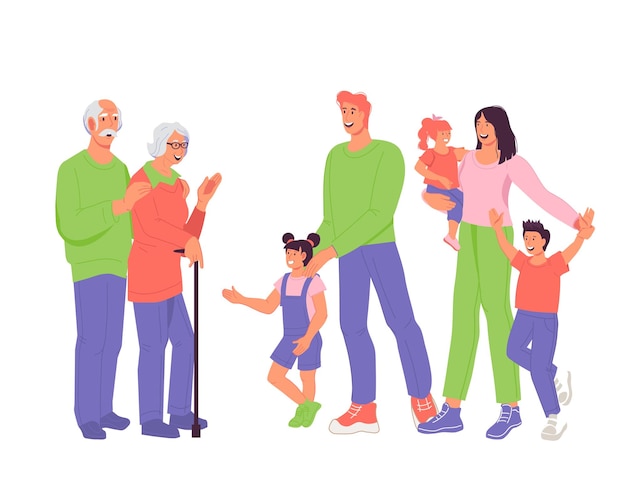 Big happy family of grandparents parents and children standing in full growth and smiling flat vector illustration isolated on white background A joint portrait of three generations of the family