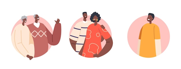 Big Happy Modern African Family Characters Round Icons Parents Grandparents and Child Father Mother and Kid Bonding