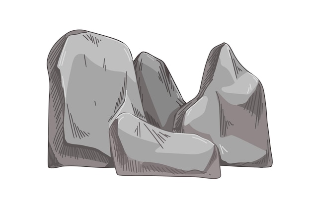 Big heavy rocks. Group of rough solid boulders, large mountain stones. Realistic drawing of natural rubbles heap. Rocky composition. Hand-drawn vector illustration isolated on white background.