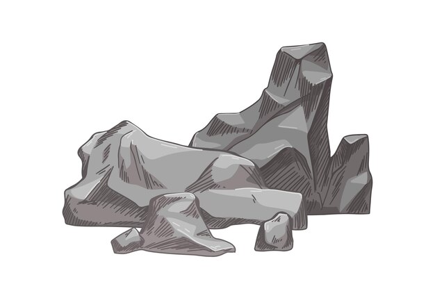 Vector big heavy rocks. solid boulders group. rough rubbles. realistic drawing of natural material, mountain formation. detailed hand-drawn vector illustration isolated on white background.