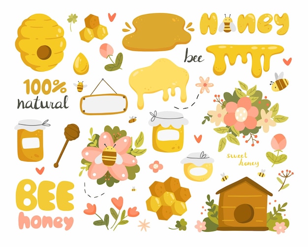 Big honey set with objects in cartoon style