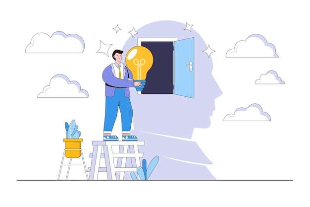 Big idea creativity and innovation to invent new product find different solution to solve problem discover motivation concepts Smart businessman putting lightbulb in their head to create works