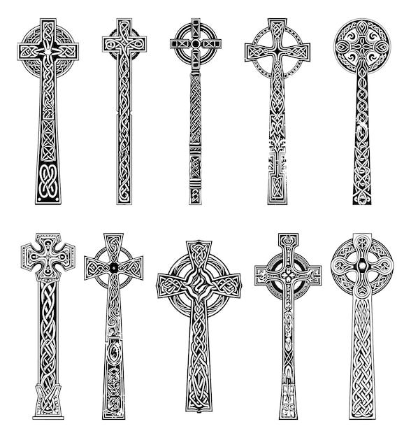 Vector big keltic crosses silhouettes old scottish rope ornamet celtic cross vector icons metal church crossed crucifix symbols on white