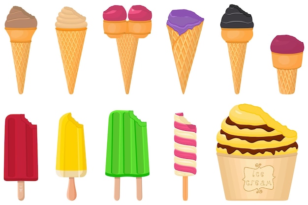 Big kit ice cream popsicle different types in cone waffle cup