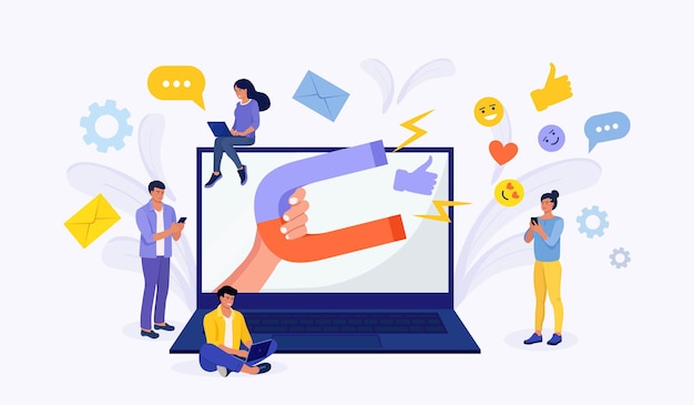 Big magnet attracts likes, good reviews, rating, followers. Social influencer. Media content to grab feedback from audience. Lead generation. Satisfaction and loyalty analysis. Attracting customers