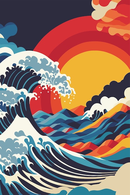 Big ocean wave with sun poster in japanese style vector illustration