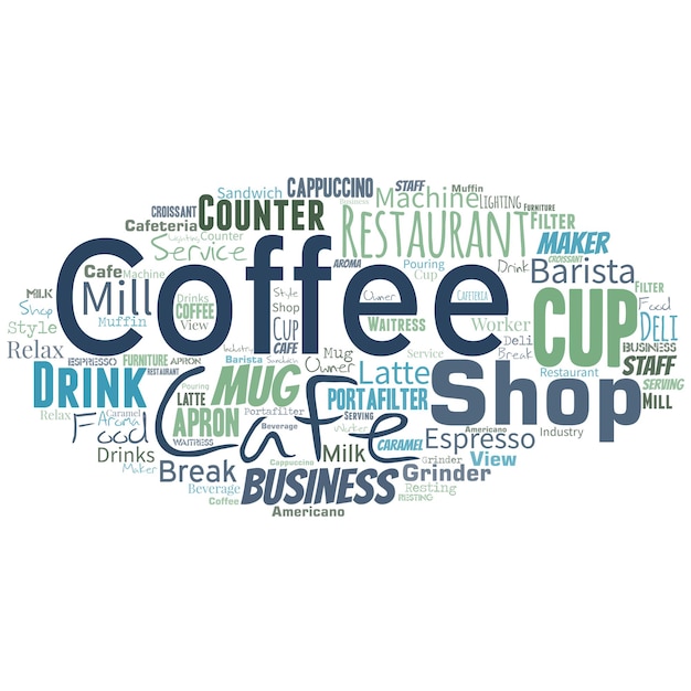 Big oval word cloud with words coffee shop Small informal restaurant serving coffee and light refreshments