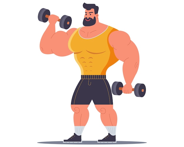 A big pumpedup man lifts dumbbells classes in a sports club pumping muscles