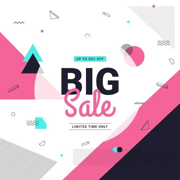 Big sale banner Memphis style with geometric shapes.