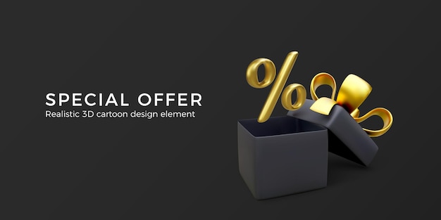 Big sale banner Special offer and discount sale Black open gift box with percent sign in gold color Vector illustration