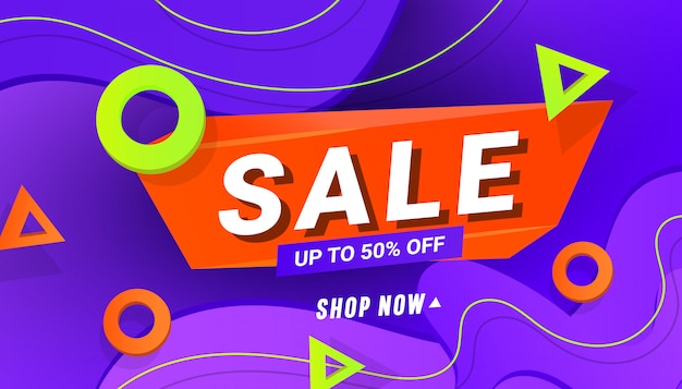 Big sale design banner with plastic liquid gradient wave and triangular gradient shapes. 