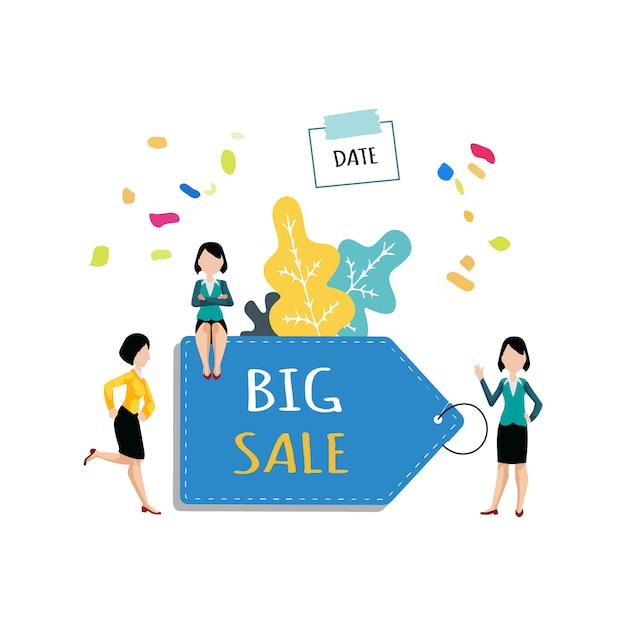  big sale on the market, online shop, with mini people. discount advert