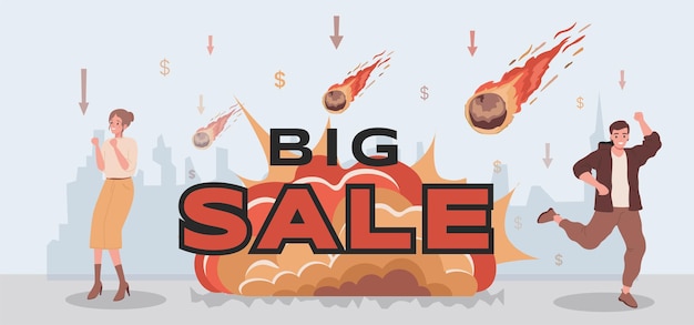 Big sale vector flat banner design people celebrating sales large