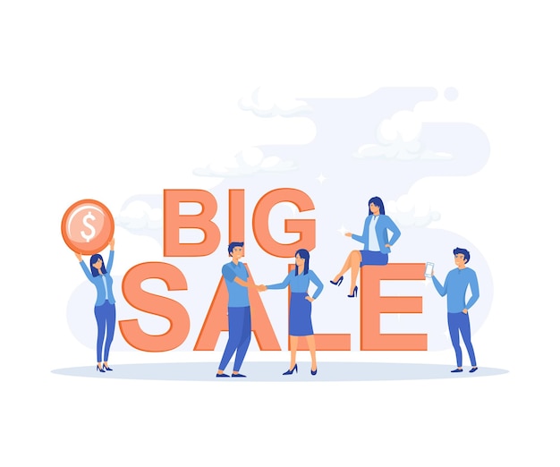 Vector big sale with small happy characters man and woman characters on discount event for banner