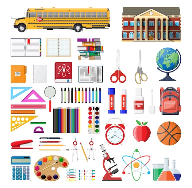 Big school set. Different school supplies, stationery.