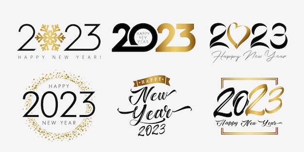 Big Set of 2023 Happy New Year, golden and black vector logo with snowflake, heart, inscription