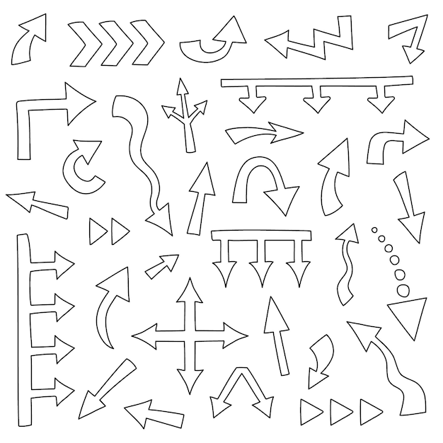 Big set of 32 hand drawn arrows different shape. Big and small doodle arrow marks, cursors