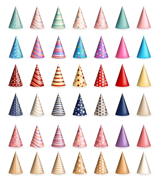 Vector big set of 42 realistic colorful 3d birthday hats or party paper caps in cone shape for celebrating