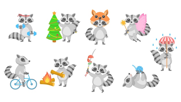 Vector big set abstract collection flat cartoon different animal raccoons vector design style elements