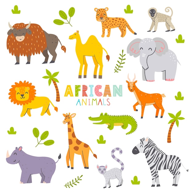 Big set of African animals Cute characters for kids Vector childish illustration