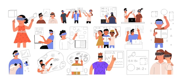 A big set of augmented reality interaction concepts People in AR glasses study courses work play Set vr scenes Vector illustration in flat style