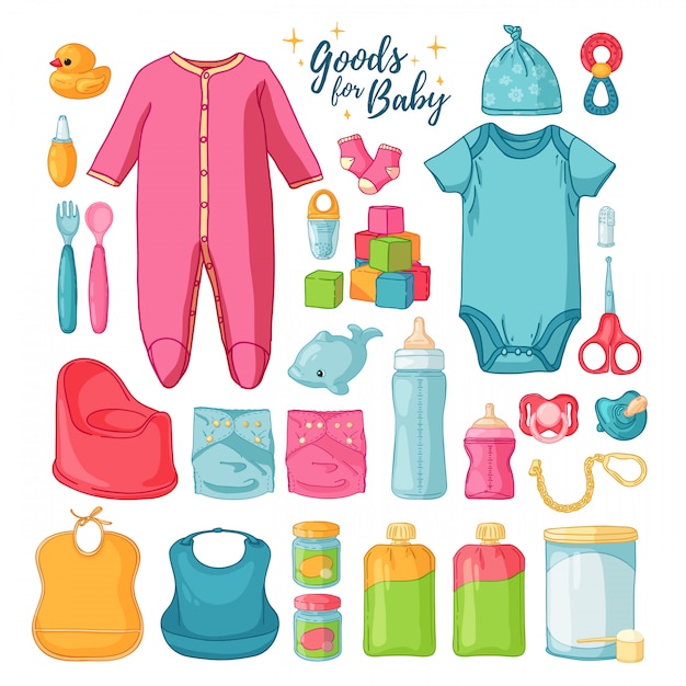 Big set baby stuff. set of things for childrenhood. Isolated icons of baby goods for newborns. Clothing,  toys, accessories for hygiene, food for Infant.