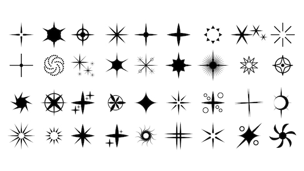 Big Set Black Collection Star Icons Sparkles Vector Symbols Shine Elements