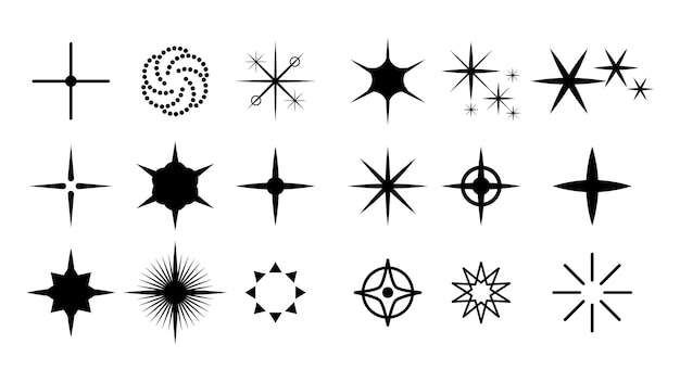 Big Set Black Collection Star Icons Sparkles Vector Symbols Shine Elements