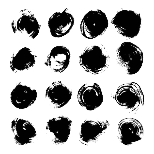 Big set of black round abstract backgrounds smears vector objects isolated on a white background