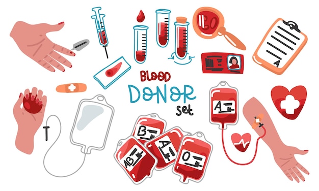 Big set blood donation blood transfusion vector set of hematology icons Blood donation a healthcare