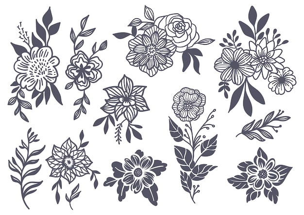 Big set of botanical flower and leaf doodle element