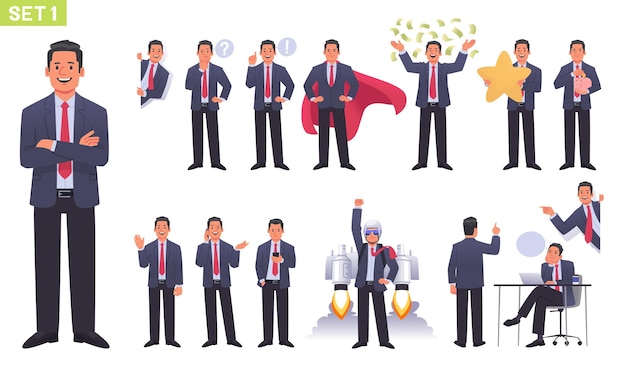 Vector big set of businessman character man different poses actions manager thinks works launches startup