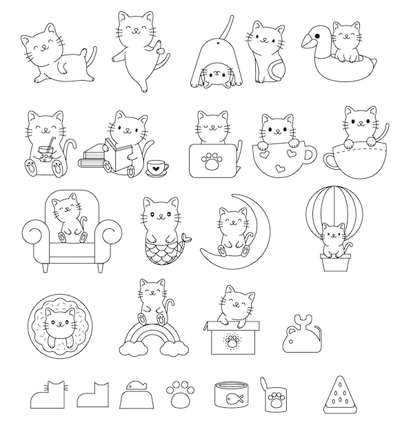 Big set cat animal cartoon hand drawndoodleline art style Cute cartoon funny character