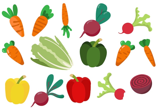 Big set of colorful hand drawn fresh vegetables isolated on white background Flat cartoon vector