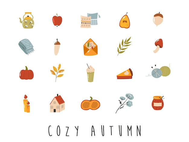 Big set of cozy autumn icons in flat style. Hygge vector collection on white background